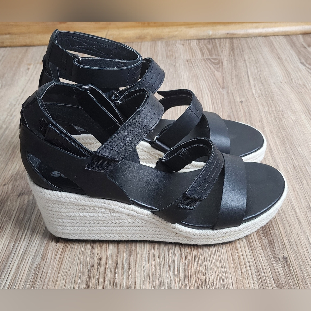 Sorel Cameron Women's Wedge Multi Strap Sandal - Black, Chalk Size 8.5